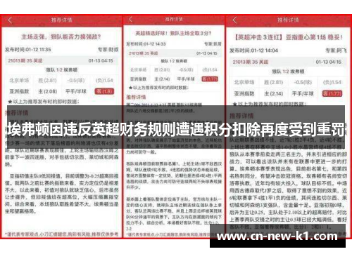 埃弗顿因违反英超财务规则遭遇积分扣除再度受到重罚 埃弗顿因违反英超财务规则遭遇积分扣除再度受到重罚