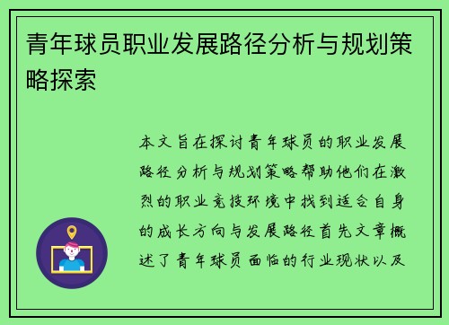 青年球员职业发展路径分析与规划策略探索
